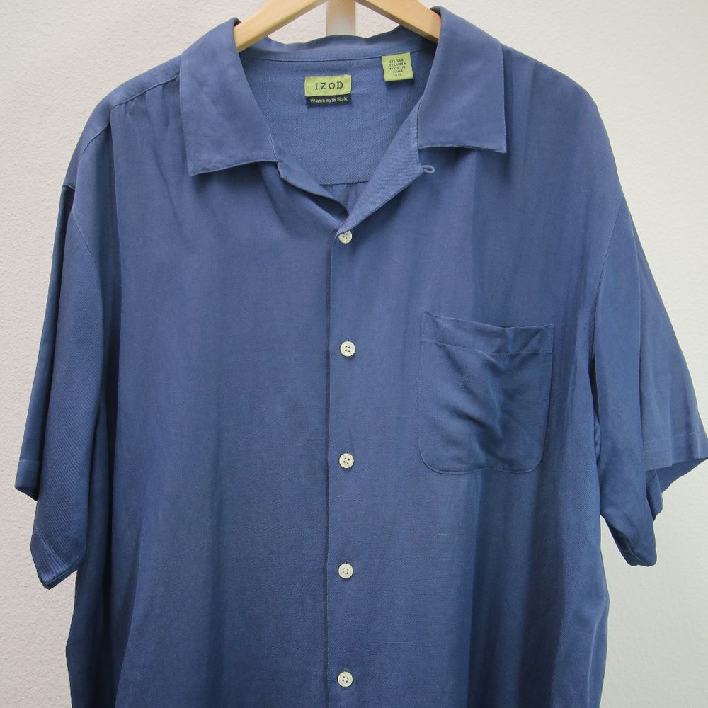 Izod Men's Silk Button-Down Shirt- Blue- XXL